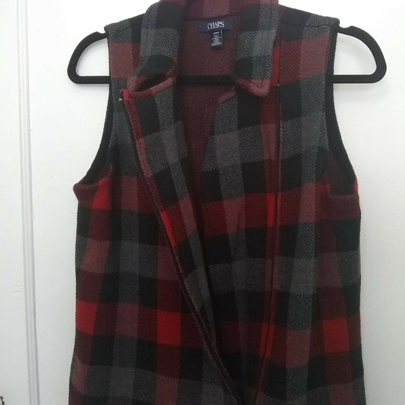 CHAPS Ralph Lauren Buffalo Check Plaid Red Black Asymmetrical Full Zip Vest Sz M - Picture 3 of 13
